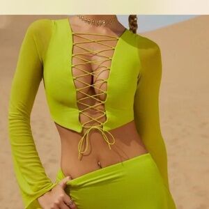 Oh Polly Lime Green Lace-Up Crop Top & Skirt Set